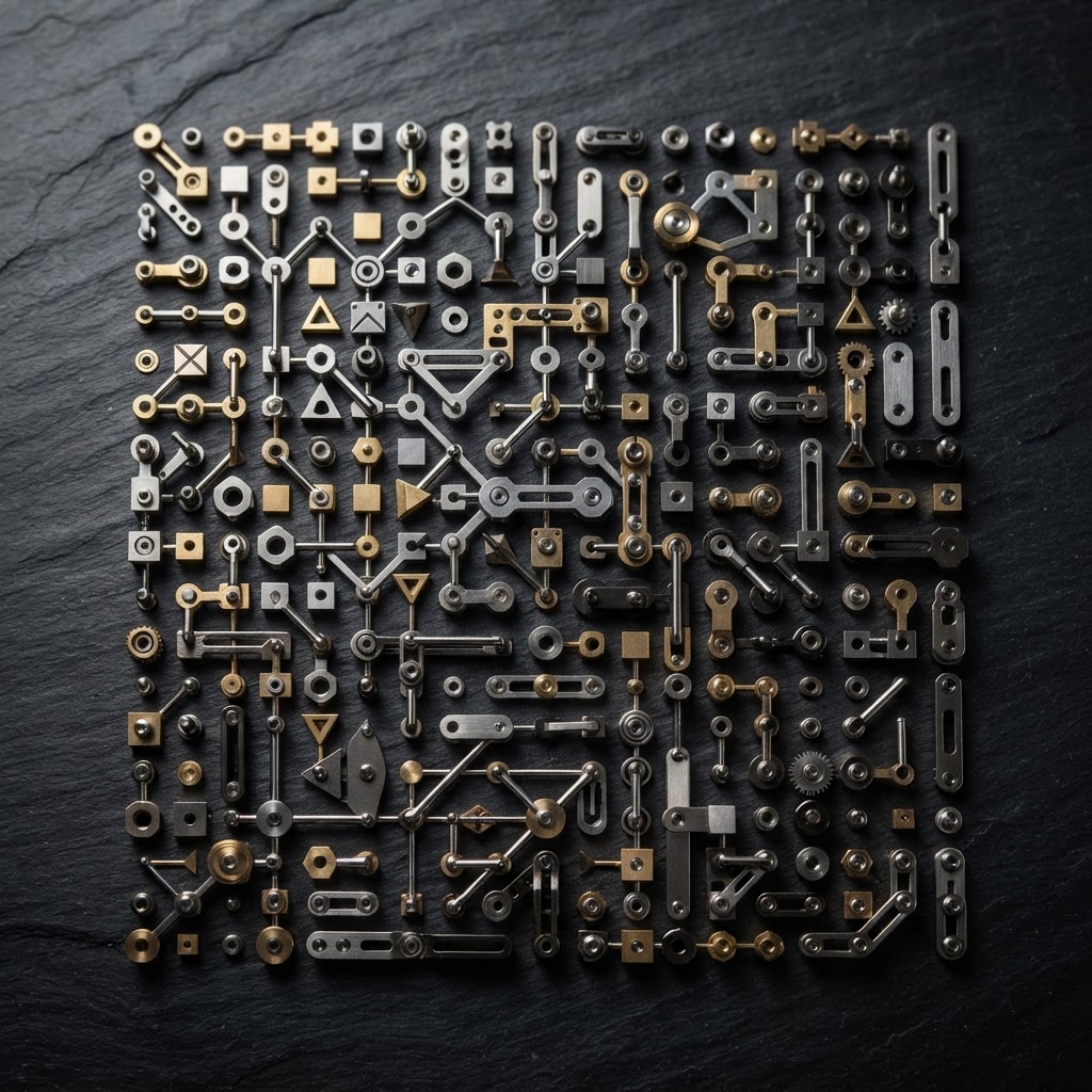 Abstract geometric metal parts arranged on dark surface