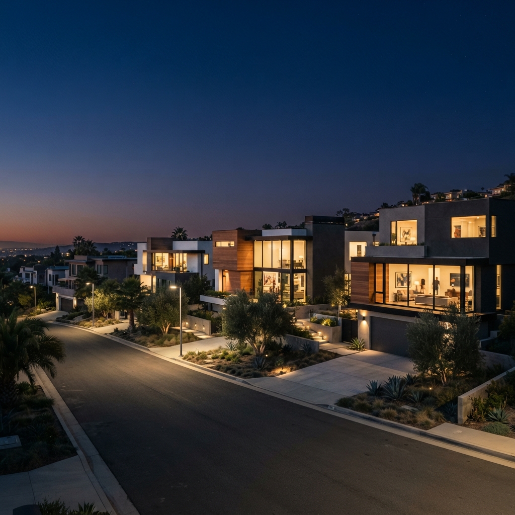 Modern residential community architecture at dusk