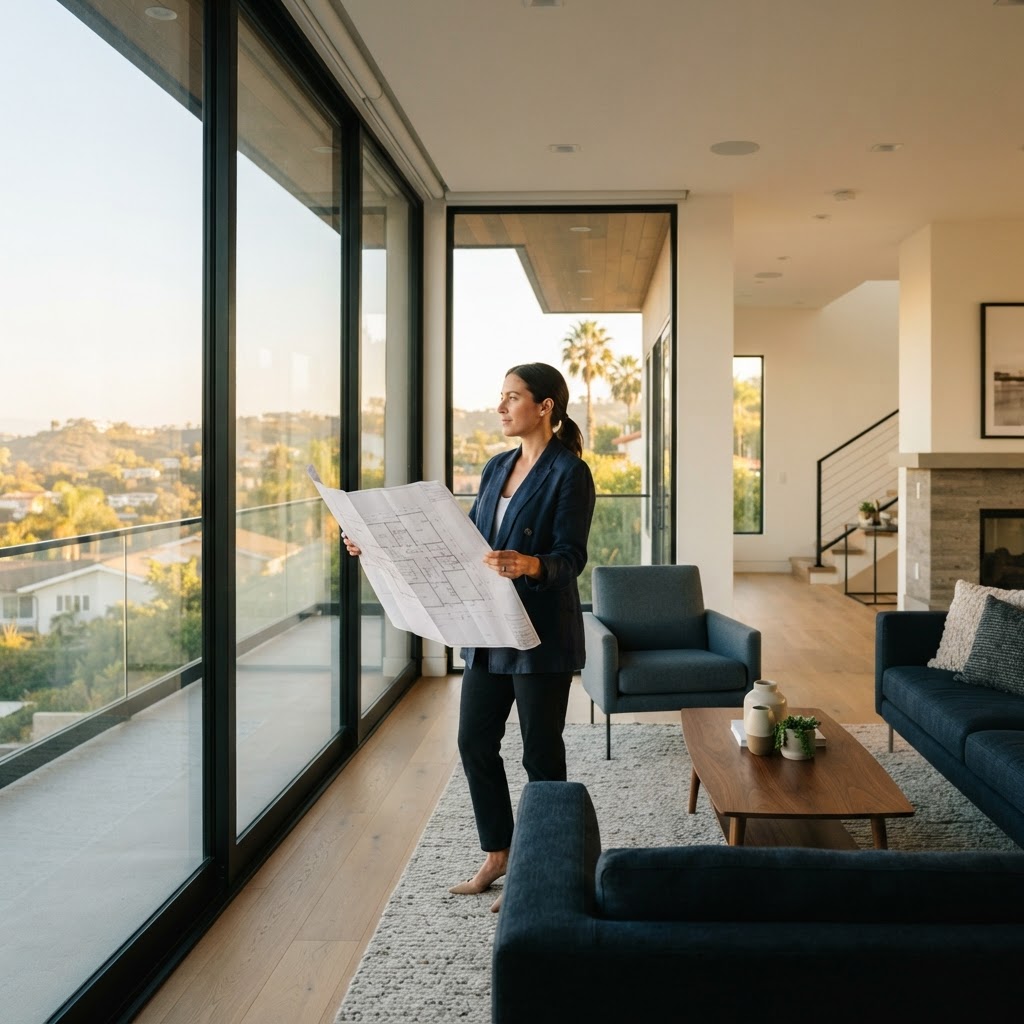 Person reviewing home blueprints in a modern living space