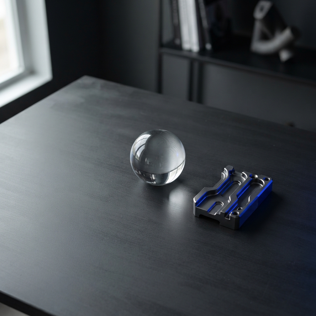 Minimalist desk space with a glass sphere and blue accent