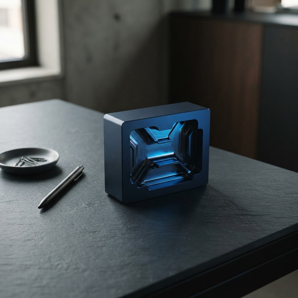 A precision crafted metal object sits on a minimalist desk
