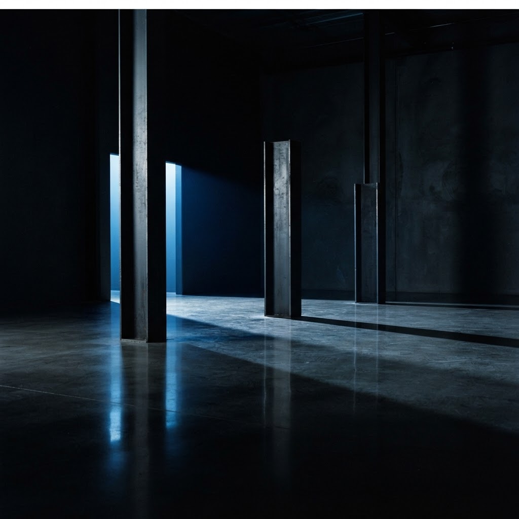 Three steel columns standing in a dark minimalist studio