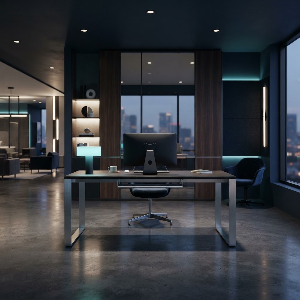 Clean modern office workspace with dark minimalist aesthetic