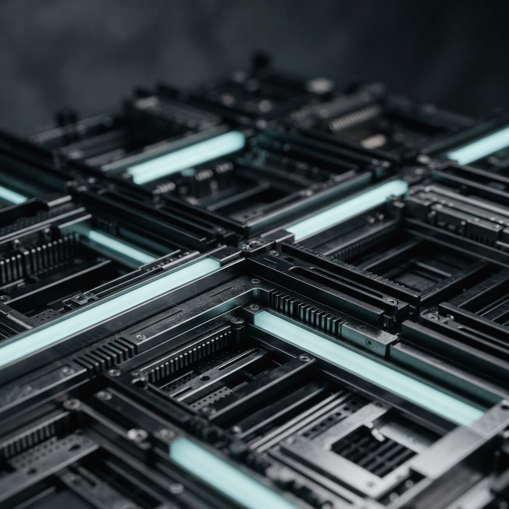 Abstract geometric metal grid with blue lighting