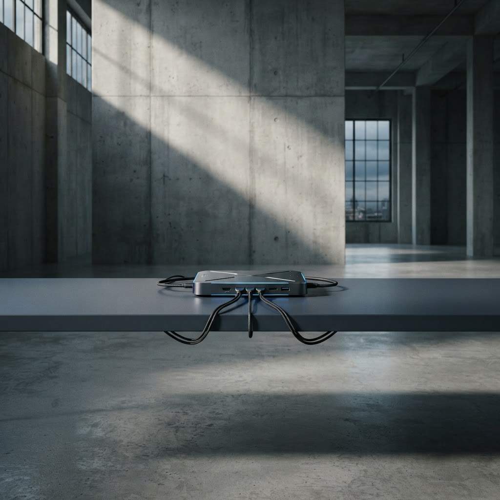 Minimalist metallic hardware hub on dark desk