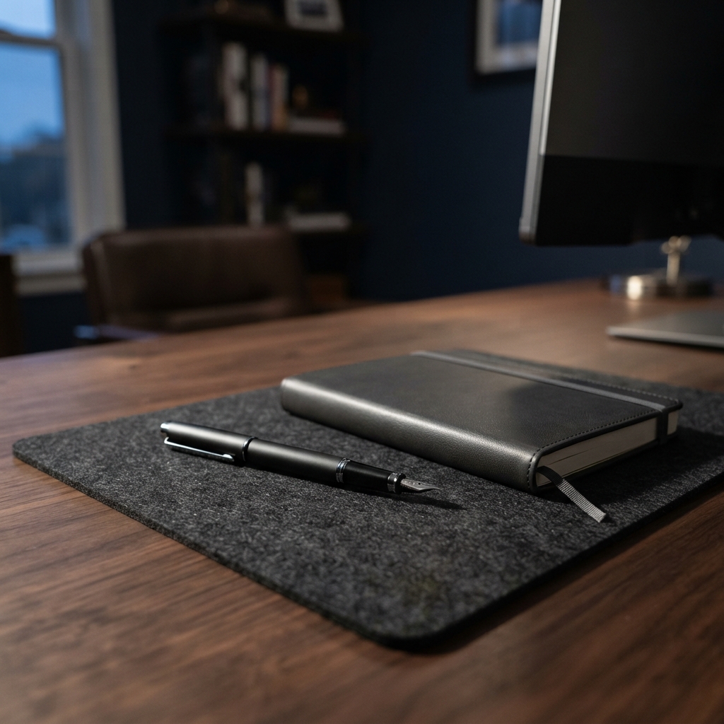 Fountain pen and notebook on a clean dark desk