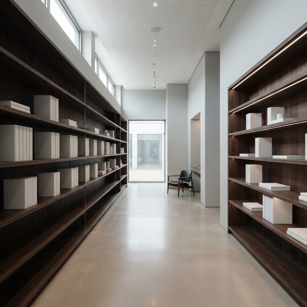 Minimalist library interior with organized shelving and negative space