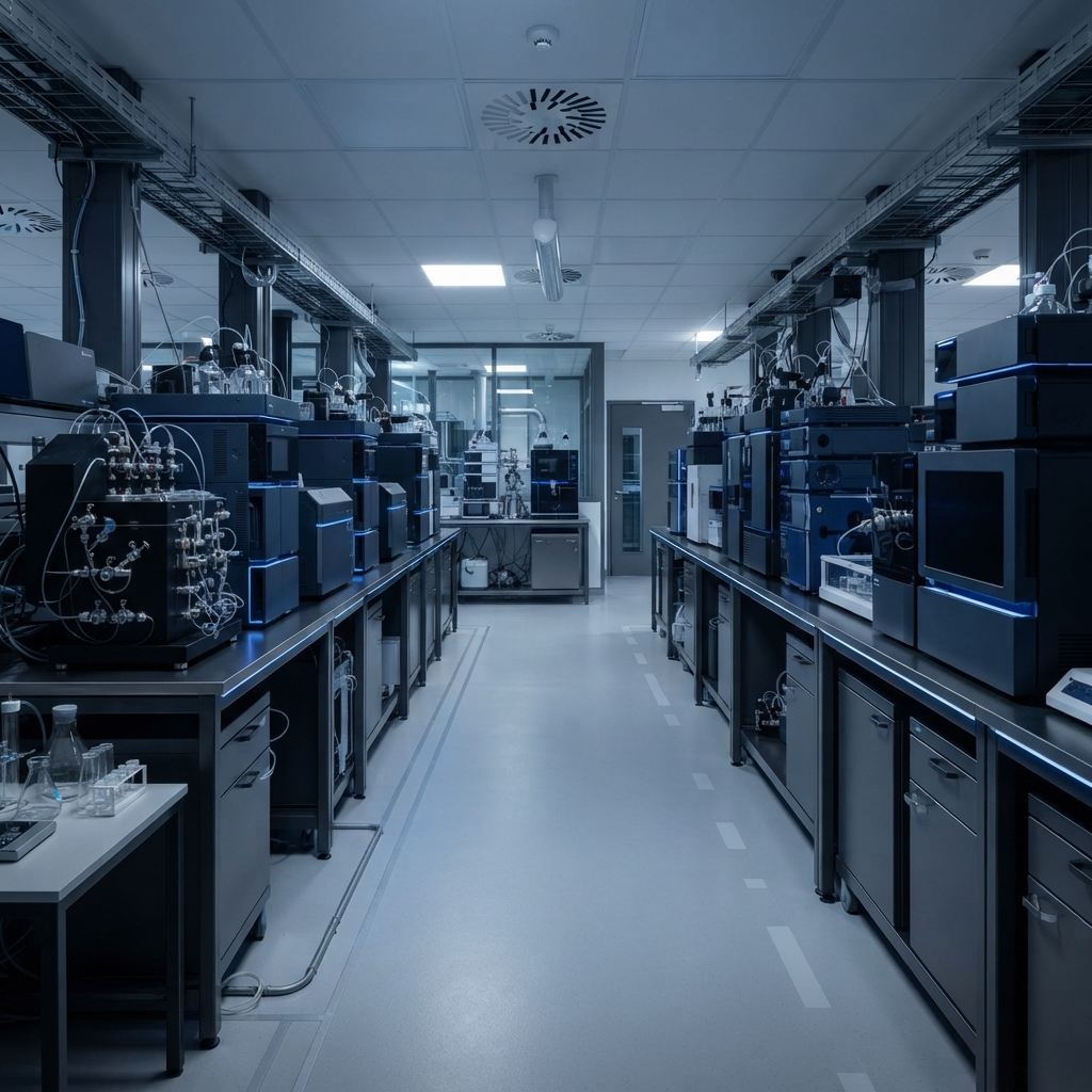 A clean modern laboratory with sleek dark equipment