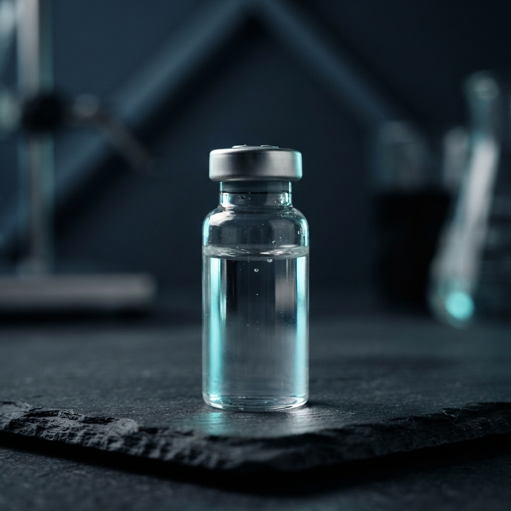 A single glass laboratory vial on a dark surface