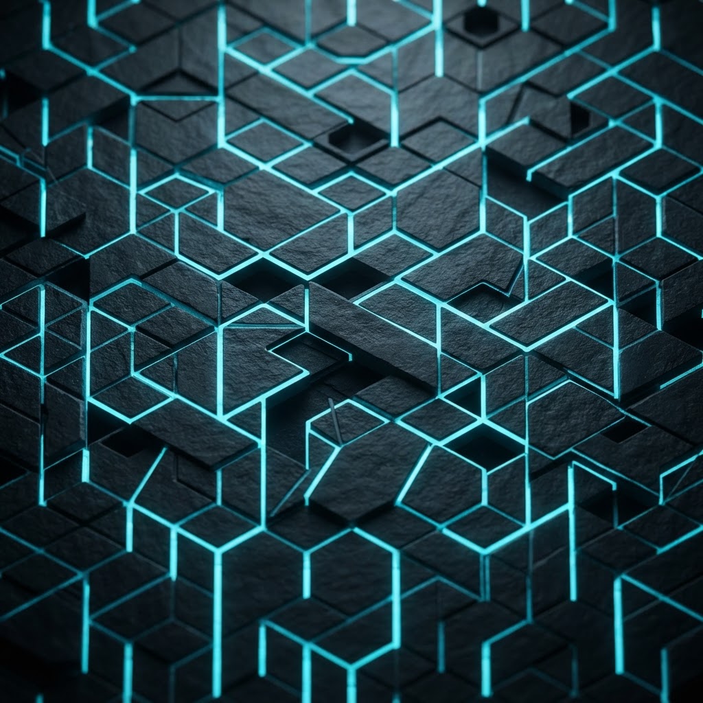 Abstract interlocking geometric shapes with cyan light highlights