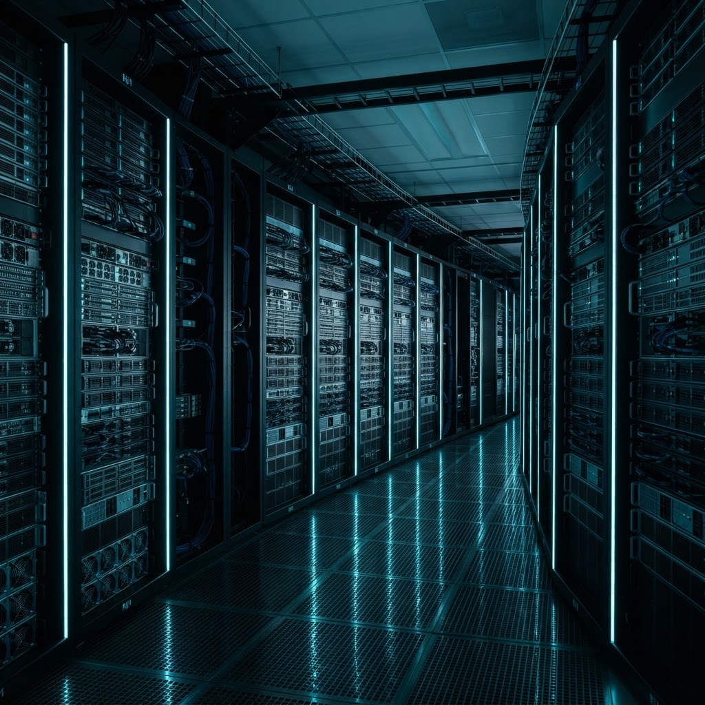 Modern server room architecture with modular metallic components