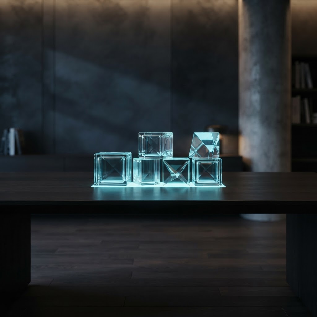 Geometric glass blocks on a sleek desk