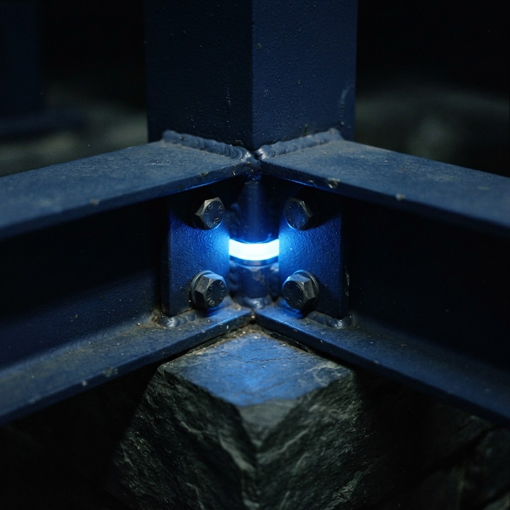 Close up of a metallic junction with blue light