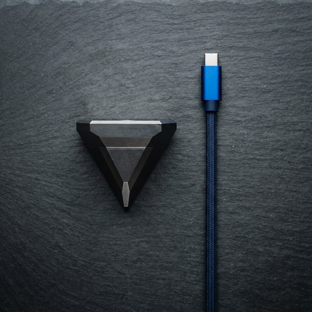 Heavy metallic pyramid and blue connector cable on slate