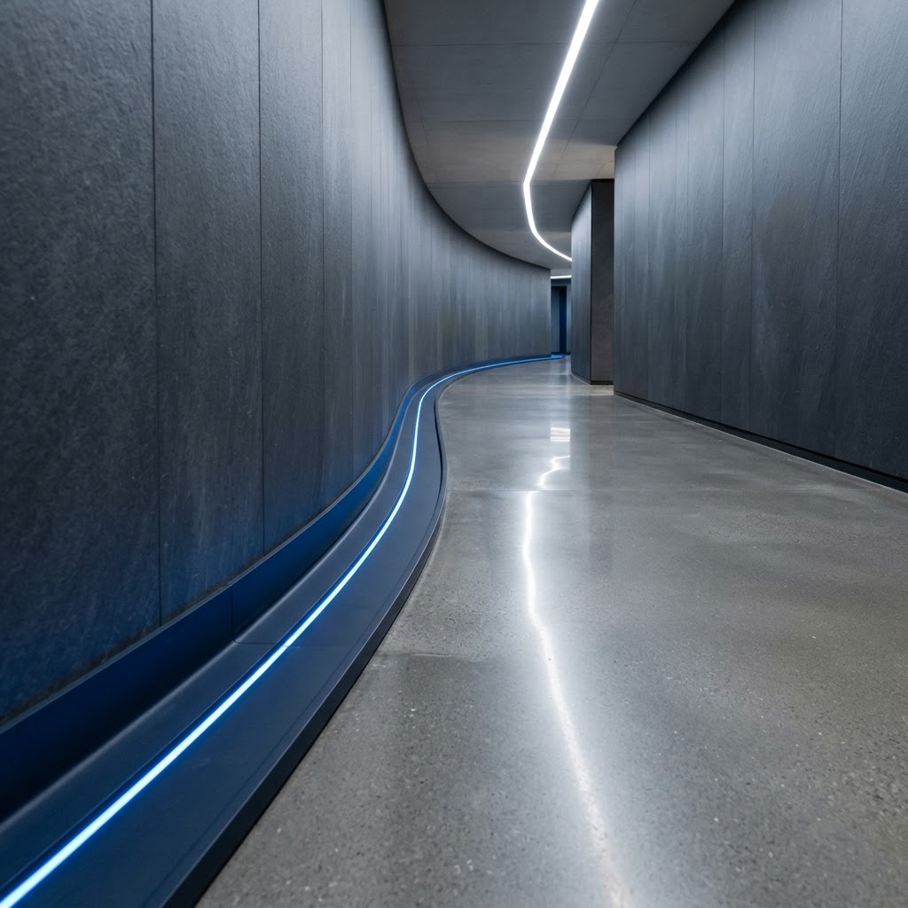 Minimalist architectural corridor with a blue glowing track
