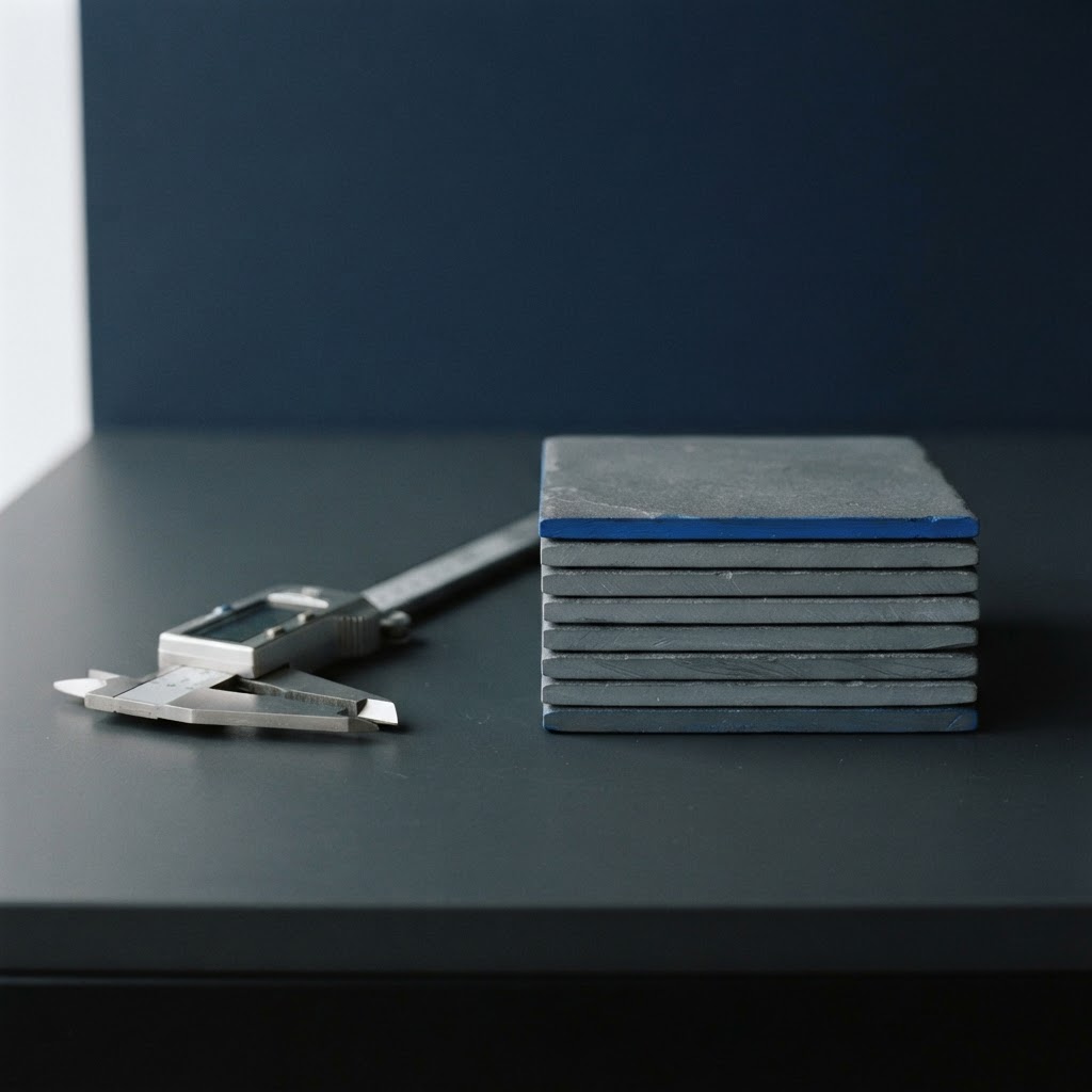 Calipers and stacked tiles on a clean workbench