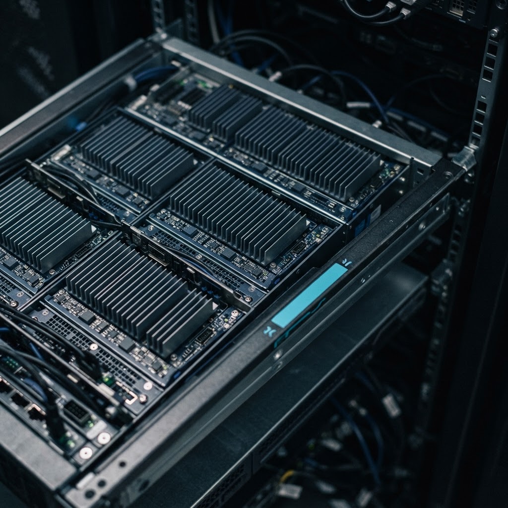Detailed macro view of modular server hardware rack