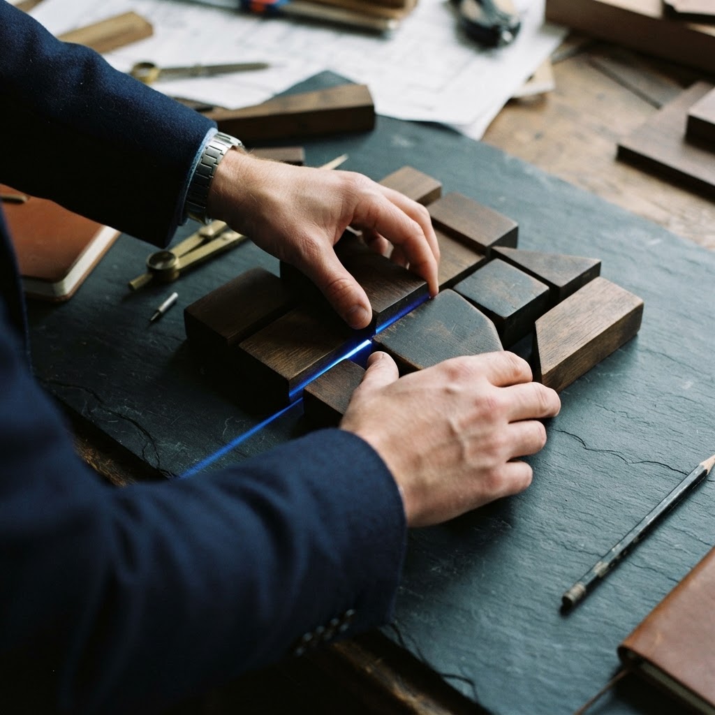 Hands adjusting professional drafting blocks on a dark surface