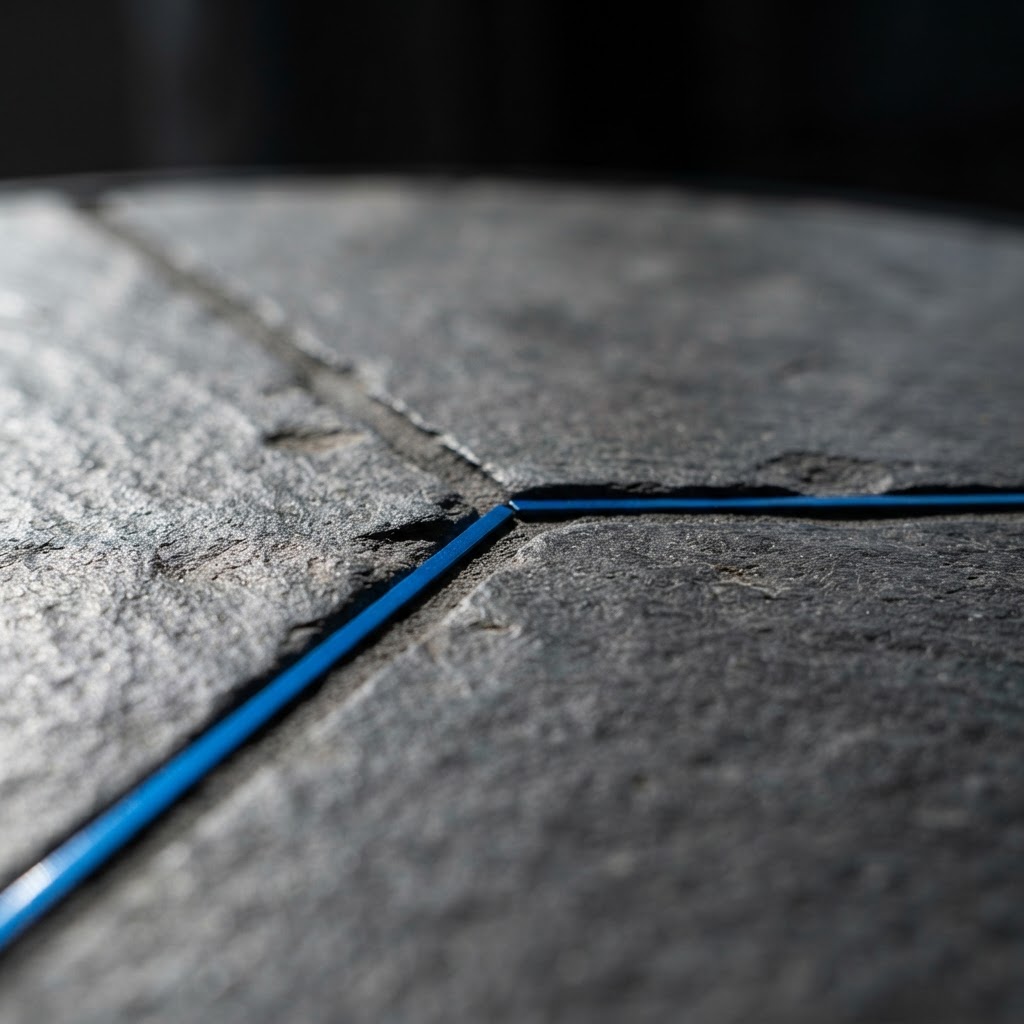 Macro view of textured stone with a blue metallic accent
