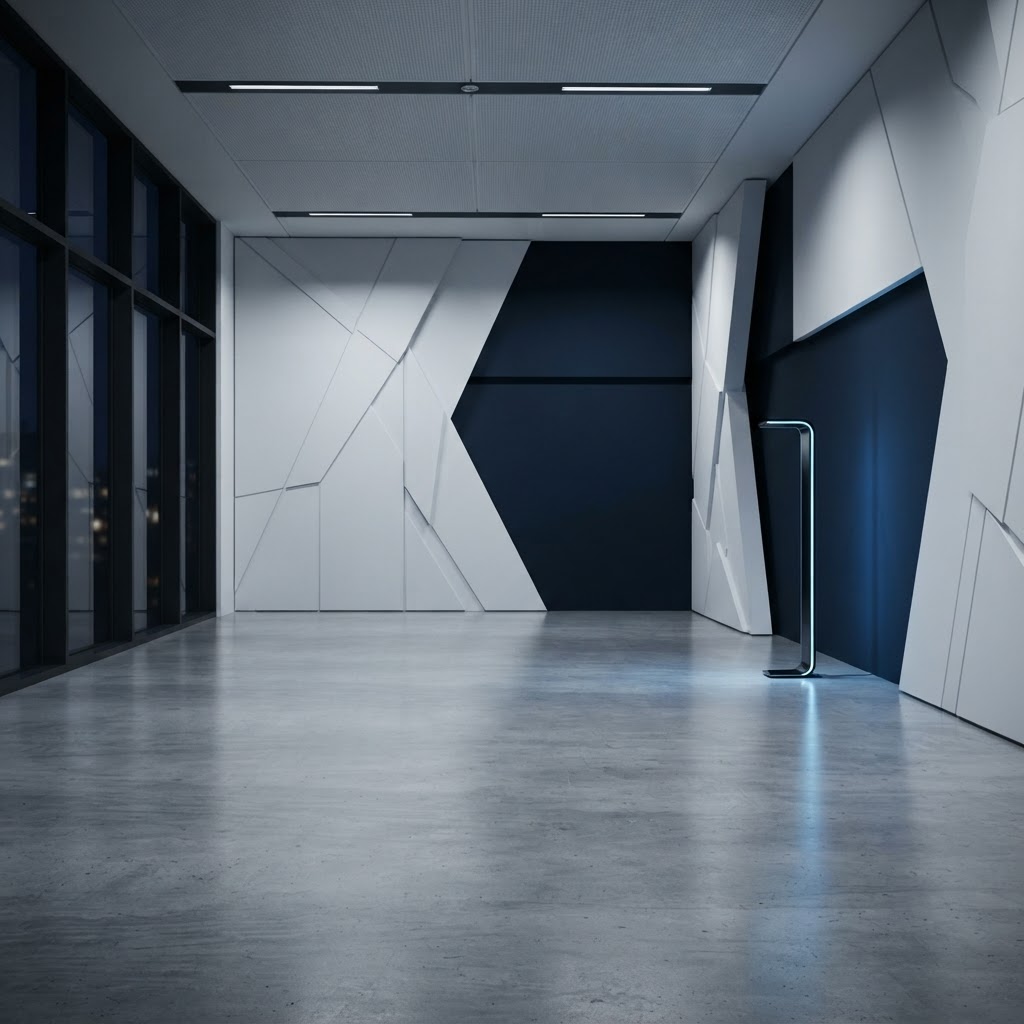 Modern architectural interior with clean lines and blue accent