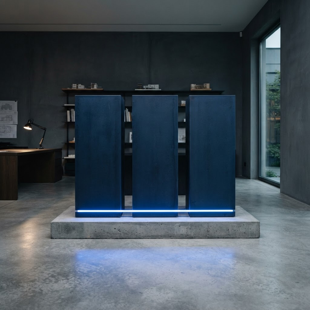 Three balanced steel blocks with architectural lighting