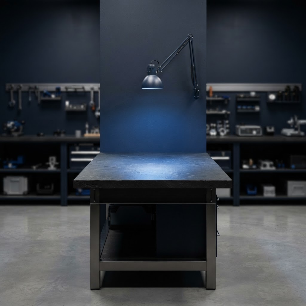 Empty professional workbench with focused blue lighting