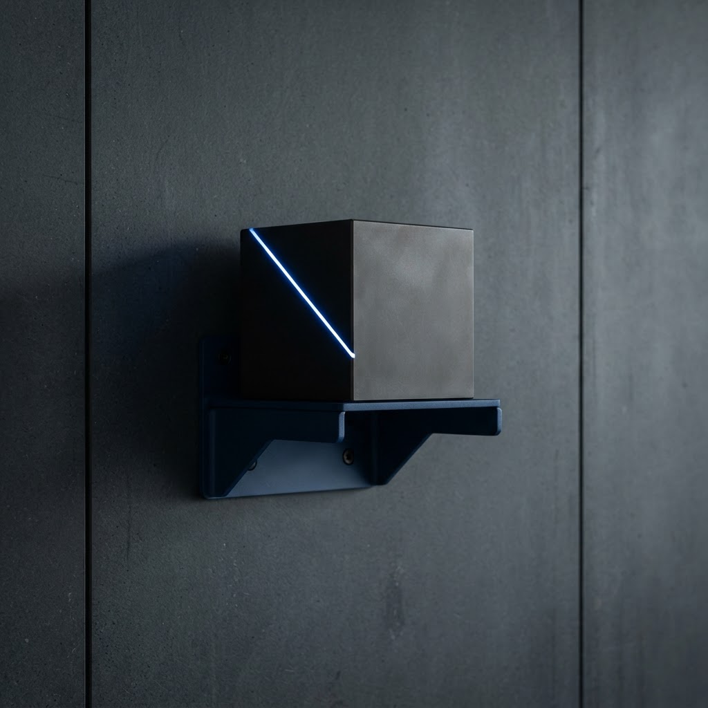 Minimalist metallic shelf and cube with blue light accent
