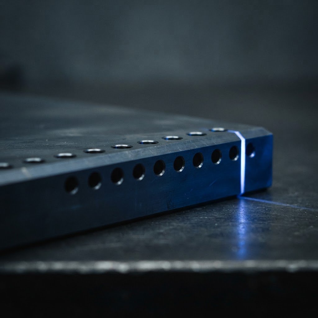 Close up of a precision machined steel plate with circular indentations