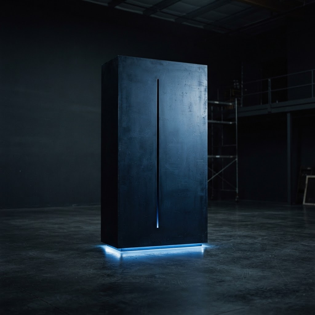 Vertical matte navy steel prism with light spilling from beneath