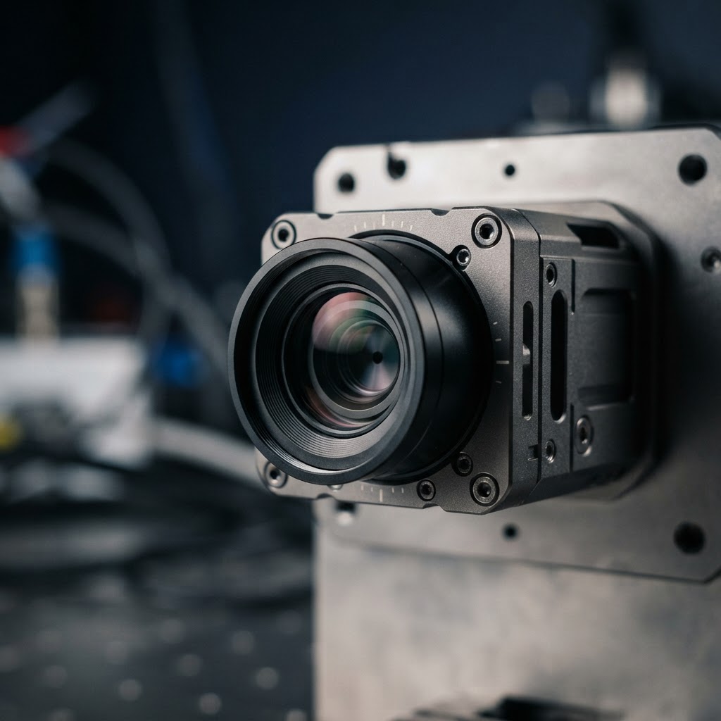 Close up of an industrial vision sensor lens