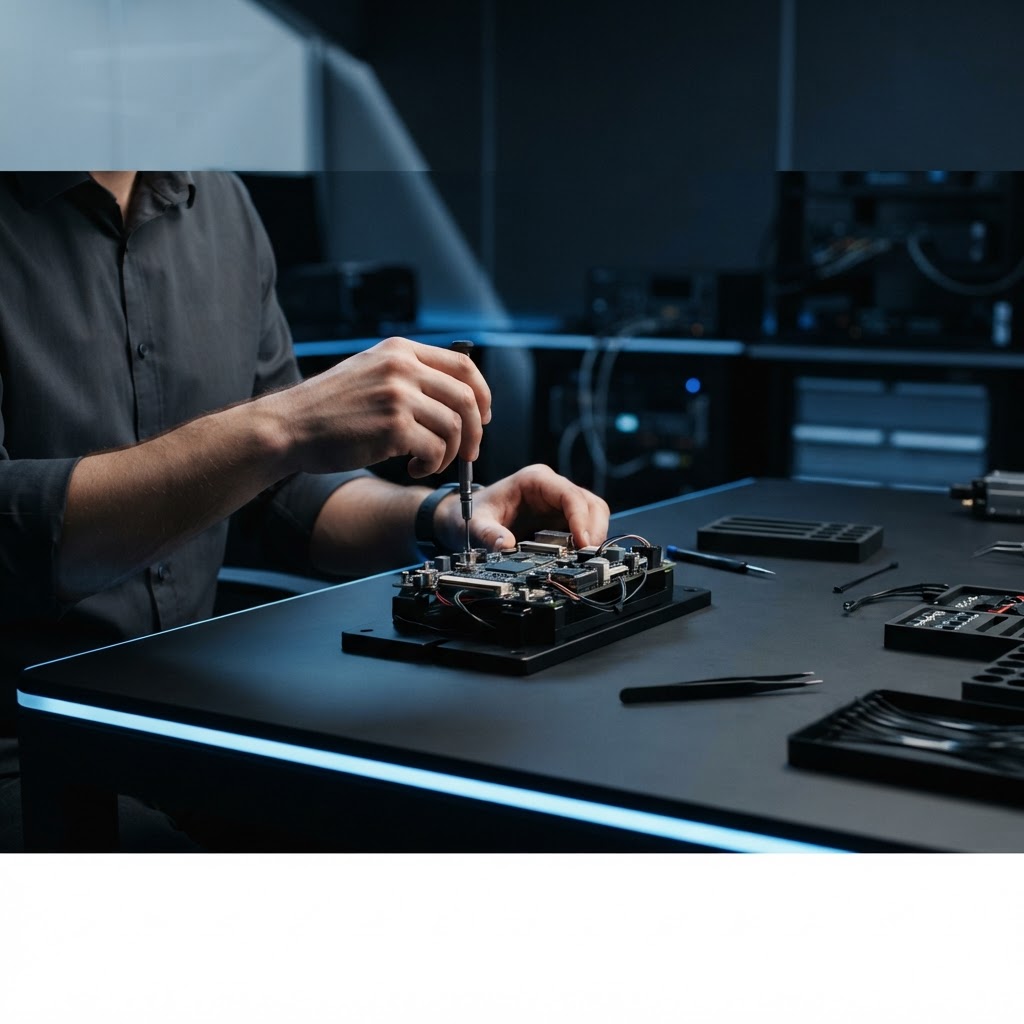 Engineer adjusting hardware component on a workbench