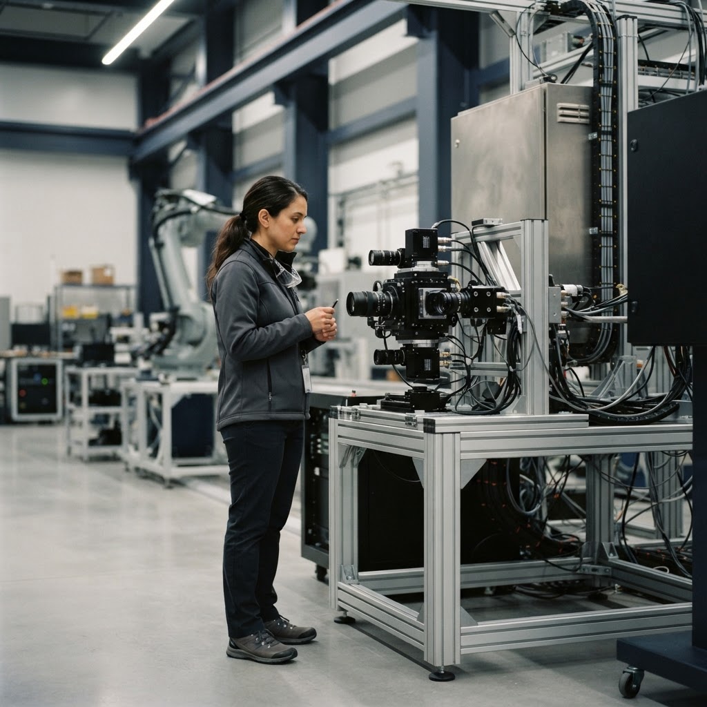 Engineer inspecting industrial computer vision sensor hardware