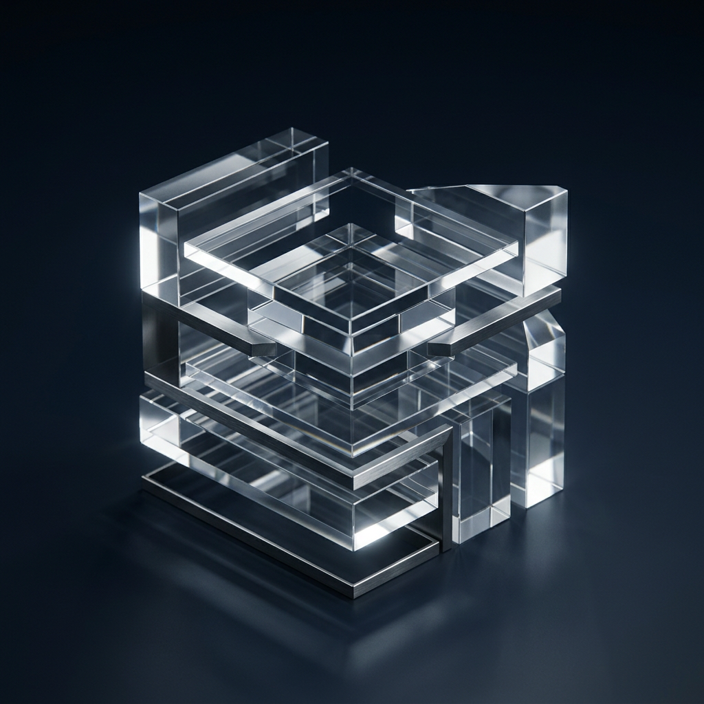 Layered transparent geometric structures representing data architecture
