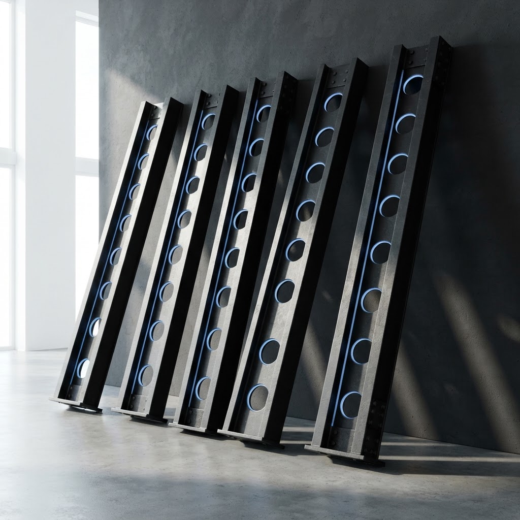 Architectural metallic beams with cyan trim