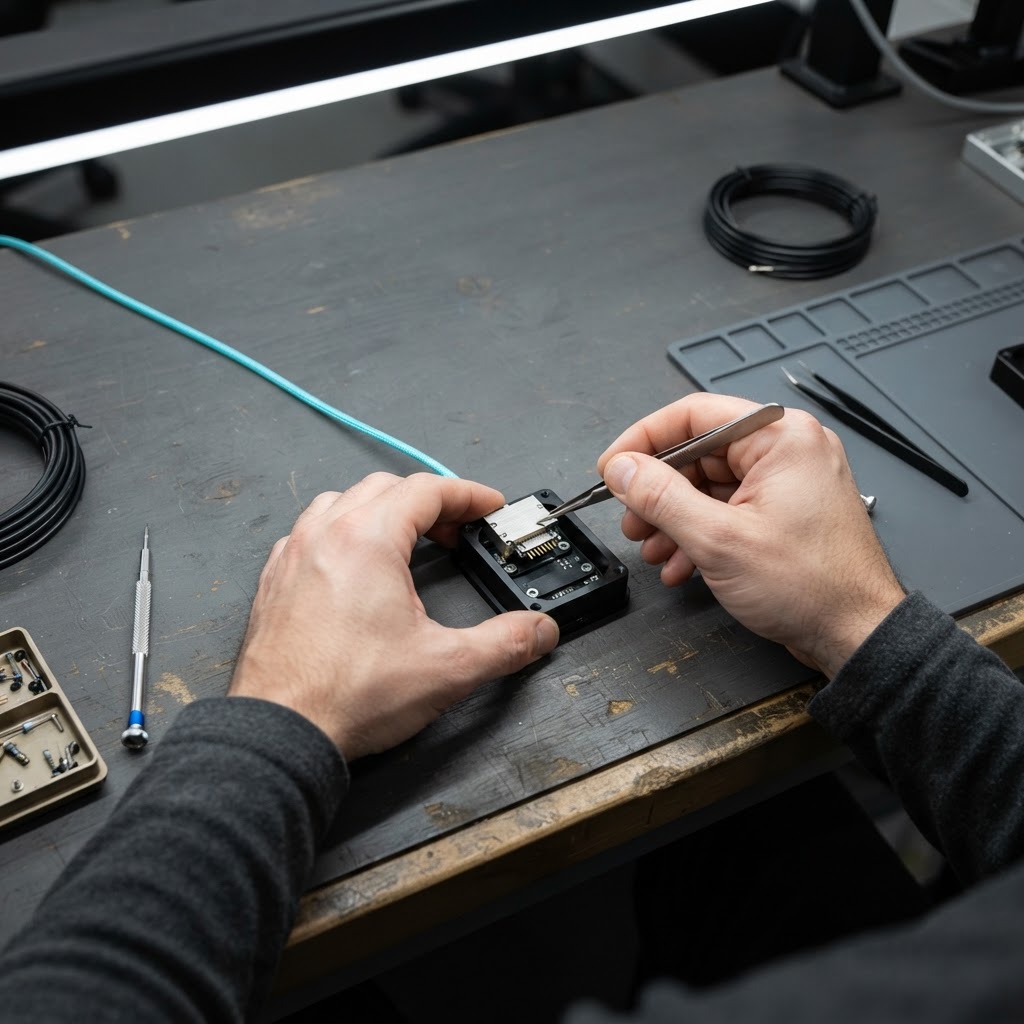 Hands connecting precision hardware on gray desk