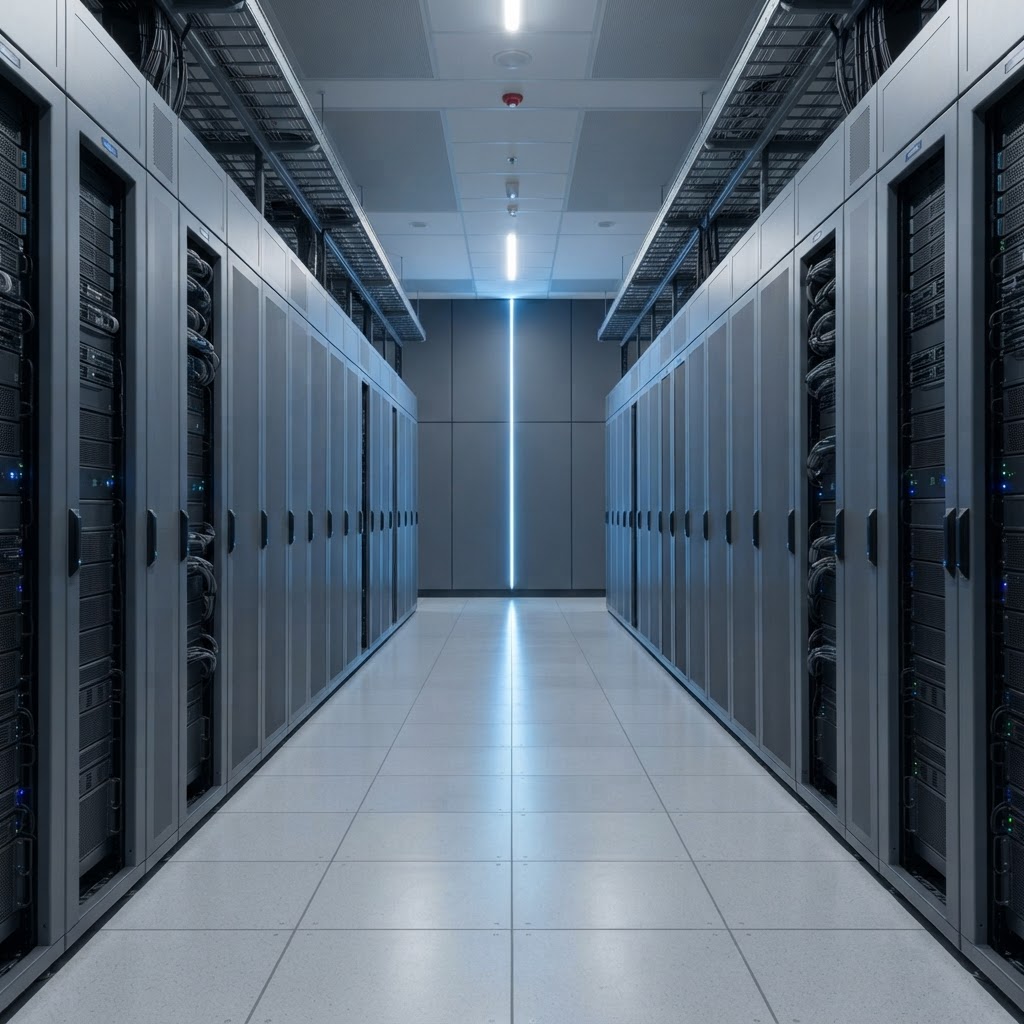 Minimalist server room interior with blue light strip