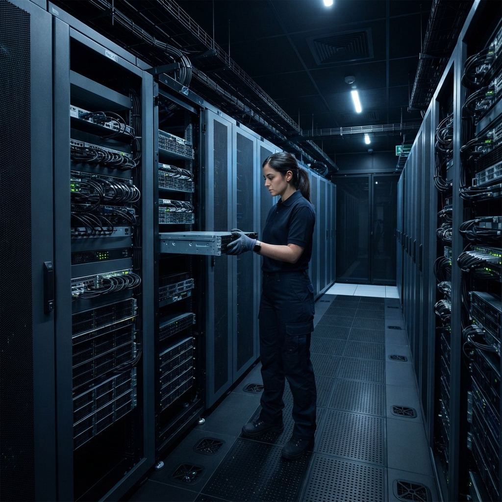 Engineer installing hardware in a high performance server room