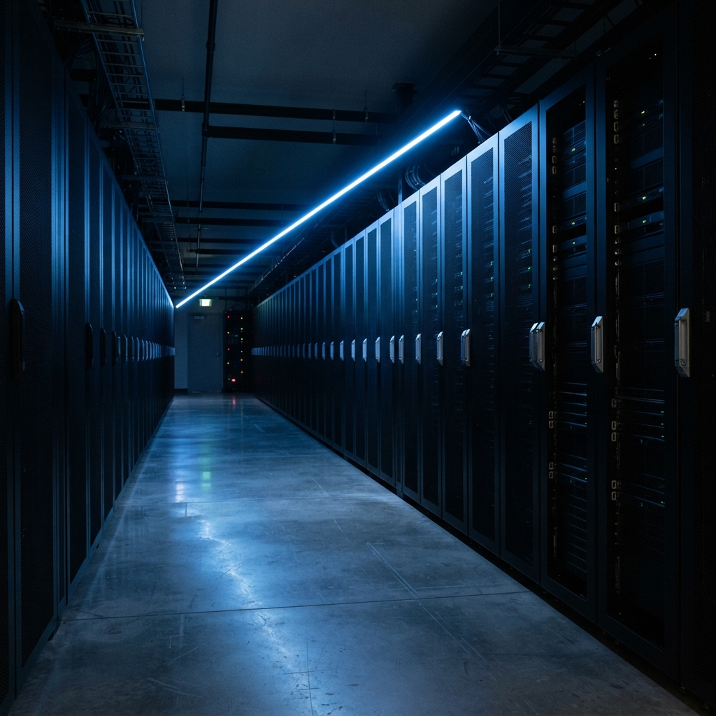 Orderly and minimalist aisle of a professional data center