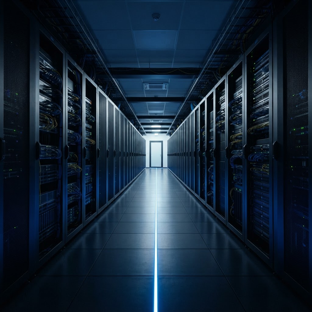 Structured rows of server cabinets in a dark room