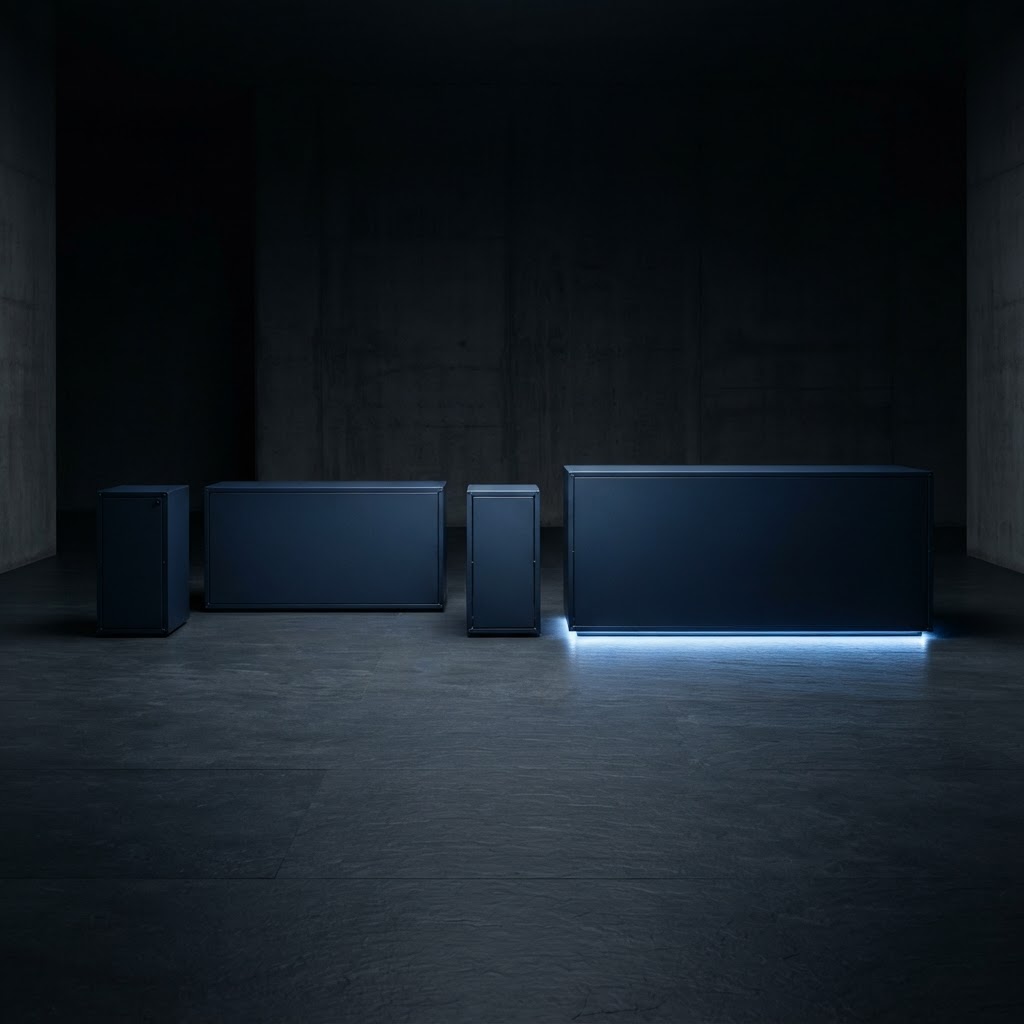 Four steel modular units in a dark studio