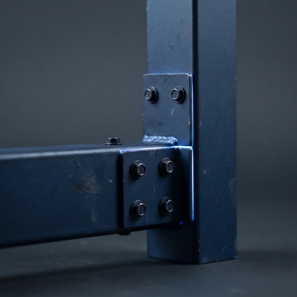 Close up of two matte navy metal beams meeting