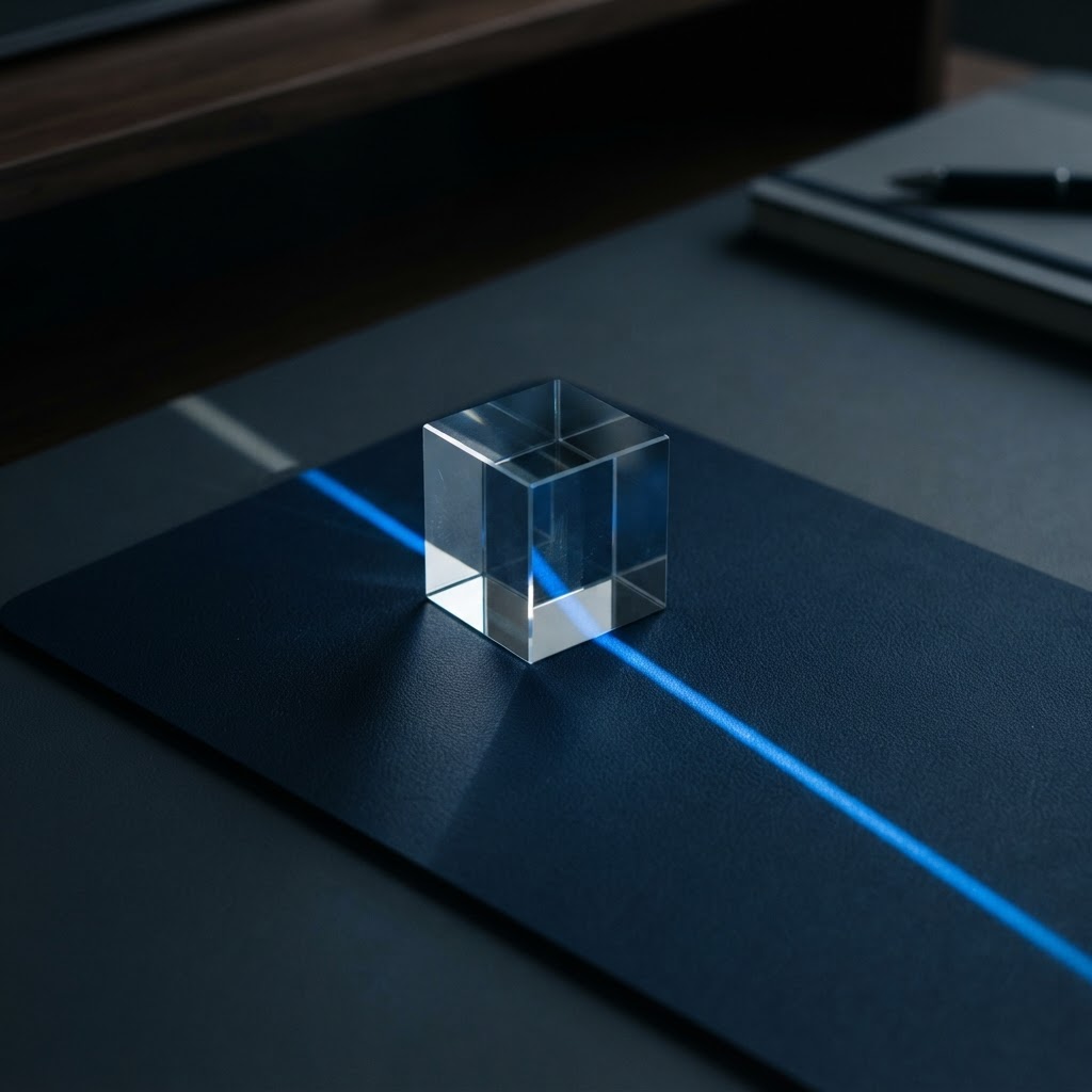 Glass prism reflecting blue light on navy surface