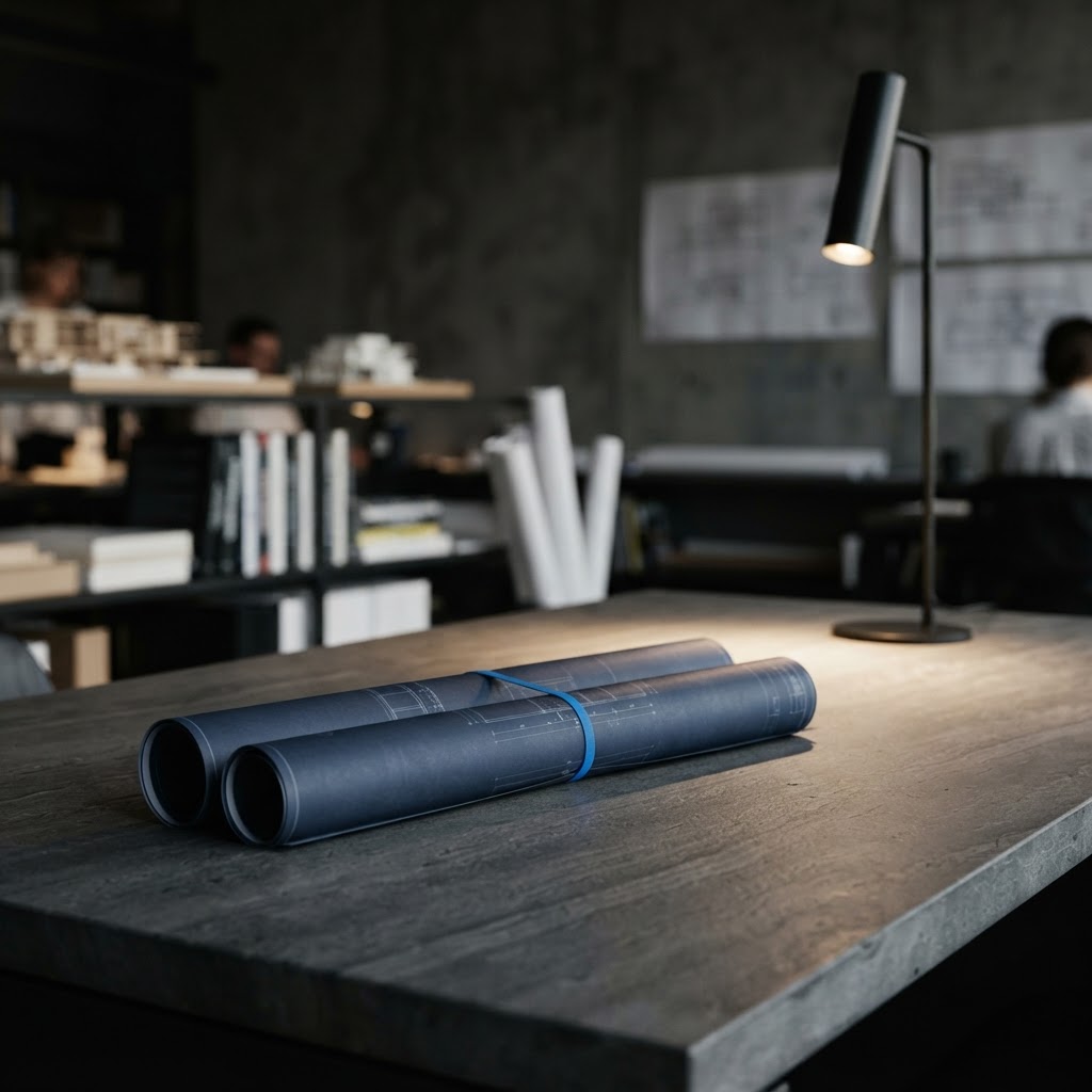 Rolled architectural blueprints on a dark concrete desk