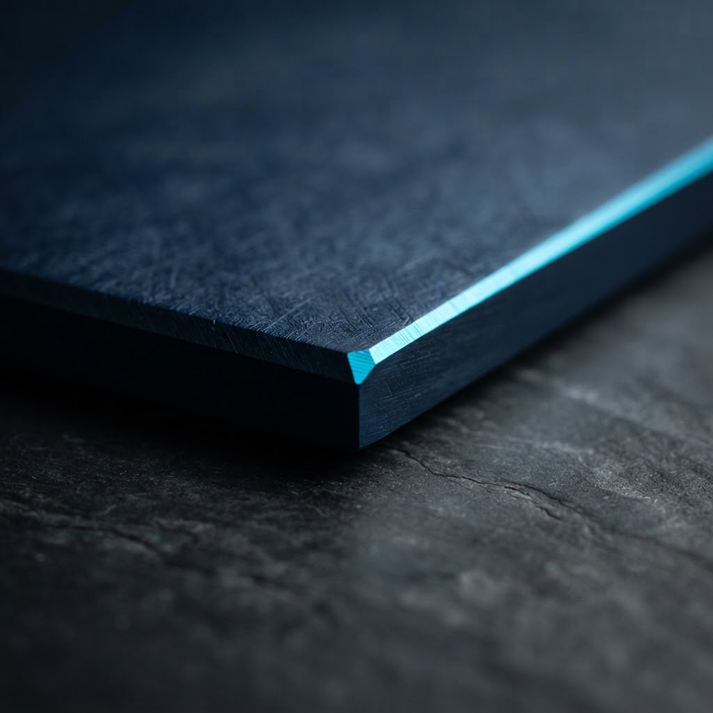 Close up of a matte navy steel edge with a cyan highlight