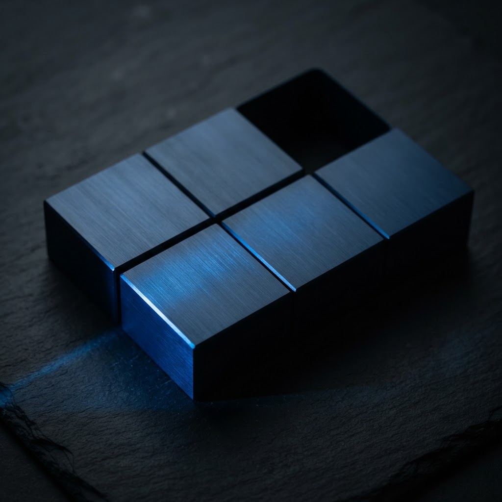 Five matte navy steel blocks arranged in a grid