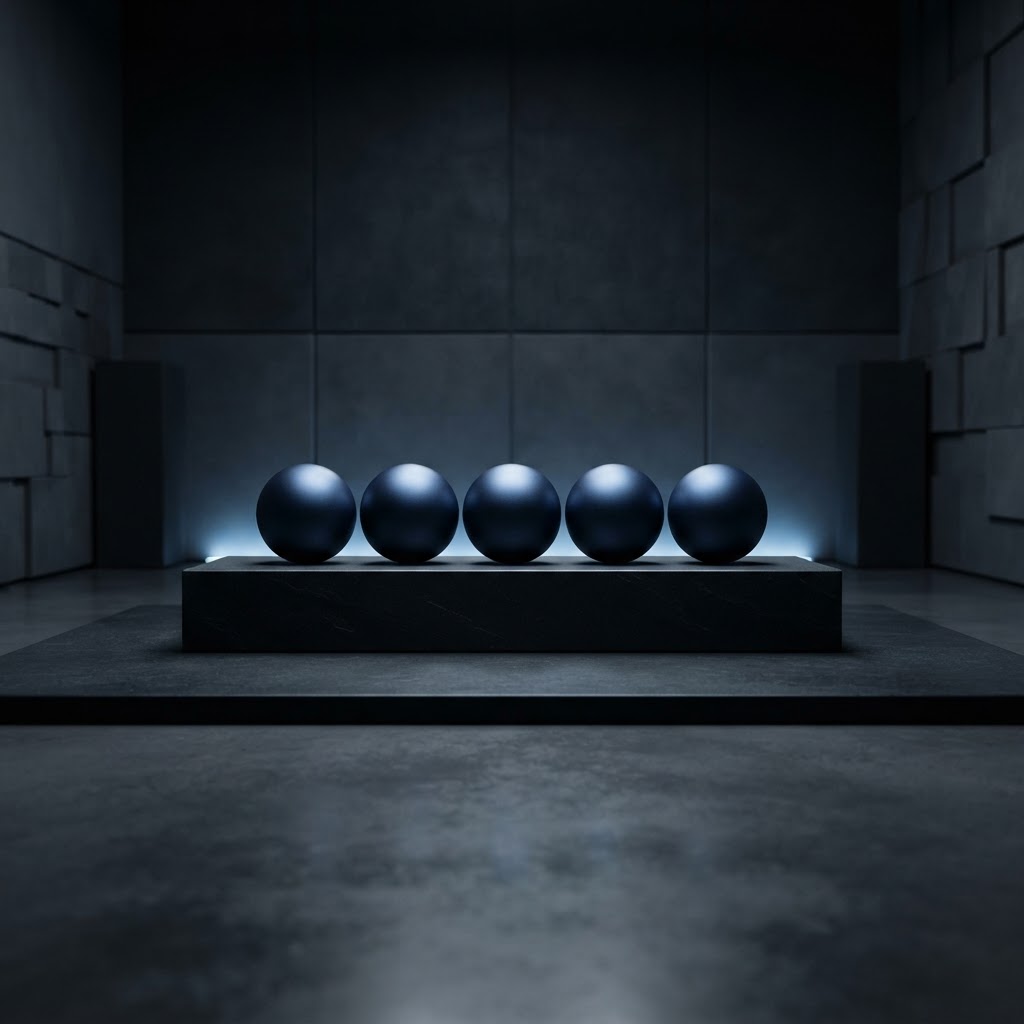 Five matte navy steel spheres in a straight row