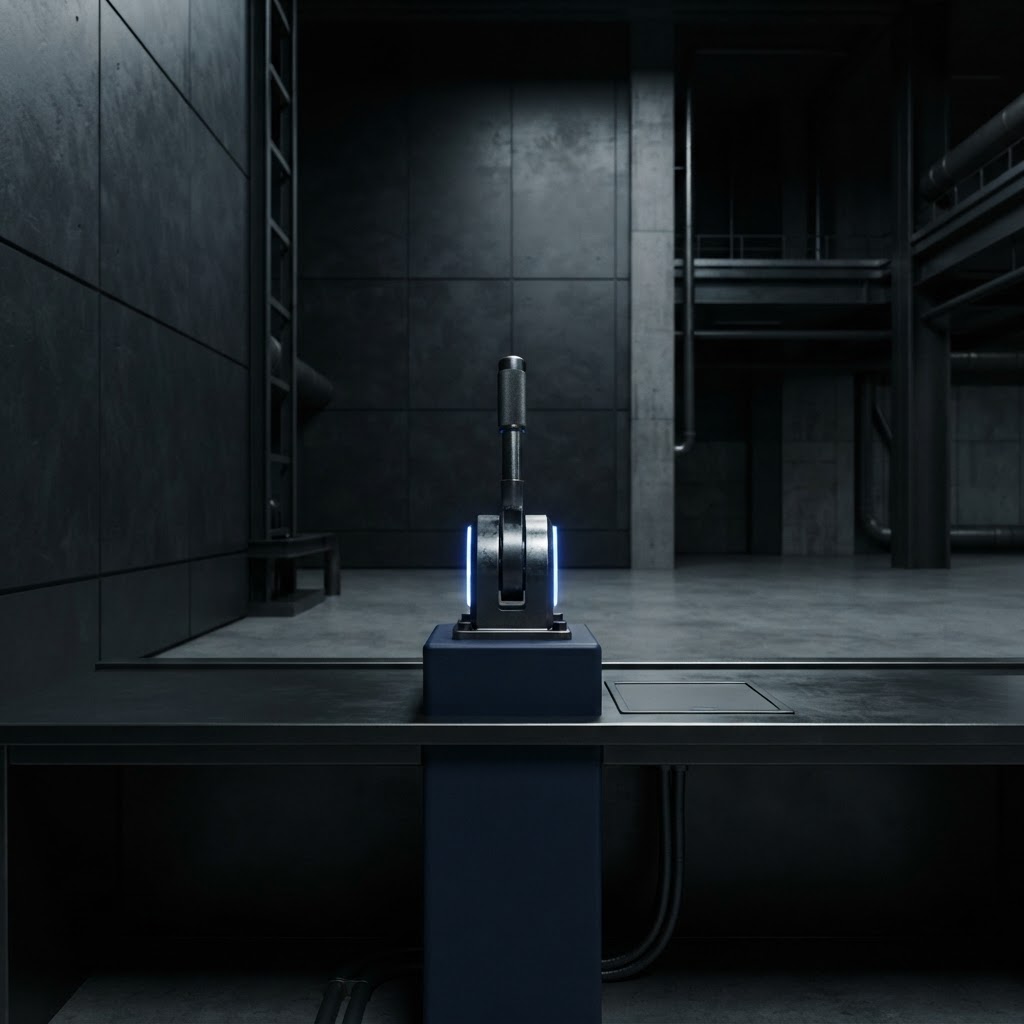 A single industrial steel lever on a matte navy pedestal against a dark slate background