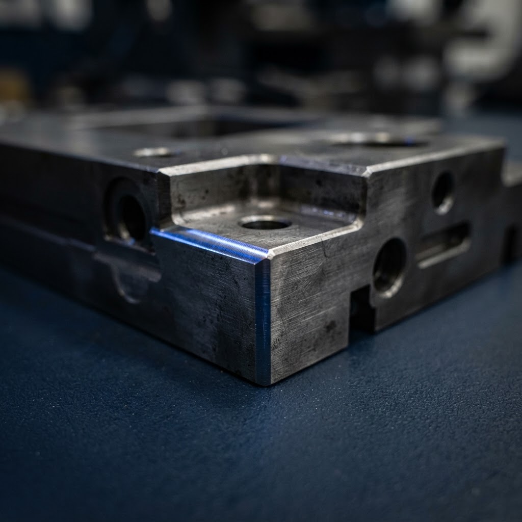Close-up macro shot of a metallic industrial component with a sharp blue light reflection