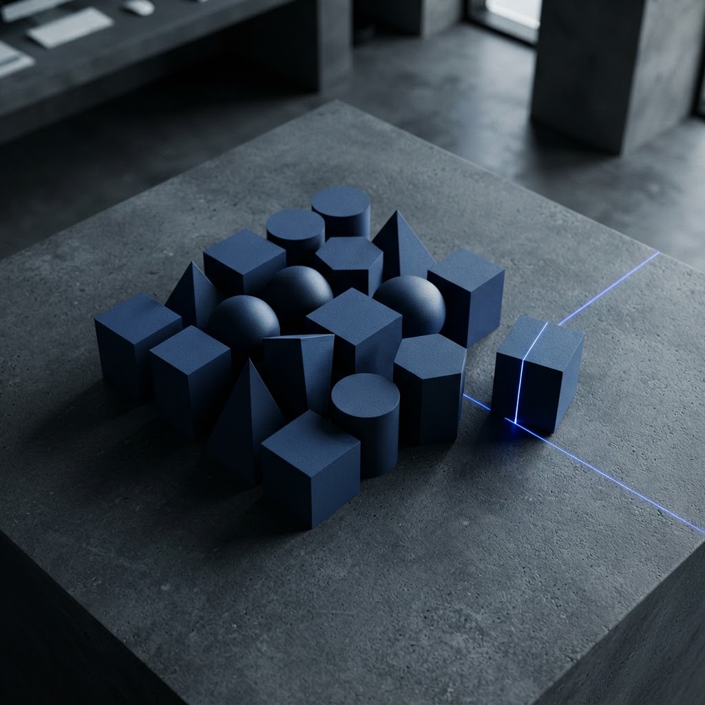 Geometric matte navy shapes on slate gray with one piece pulled apart and lit by blue light