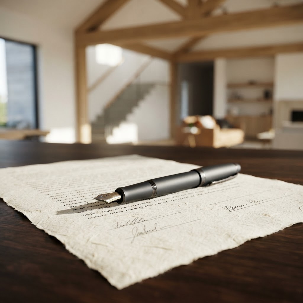 Fountain pen resting on a home purchase contract